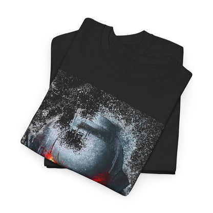 Chic black t-shirt stacked neatly, adorned with a captivating helmet graphic in shades of grey and red, reflecting a unique blend of modern style and artistic flair.