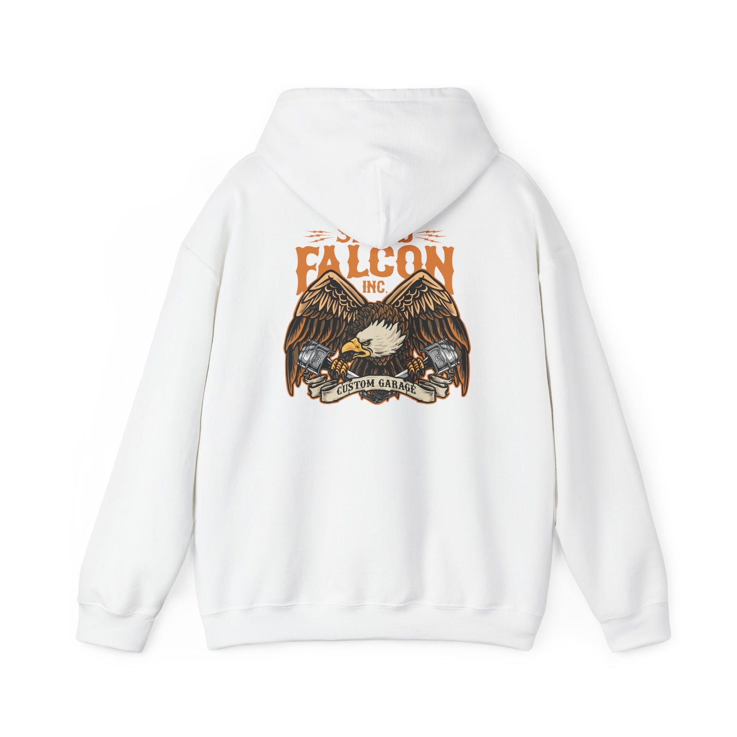 Elegant white hoodie featuring a striking eagle graphic and bold text 'SPEED FALCON INC.' with tattoo-inspired artwork and two engine pistons, perfect for showcasing fierce style and passion for automotive culture.