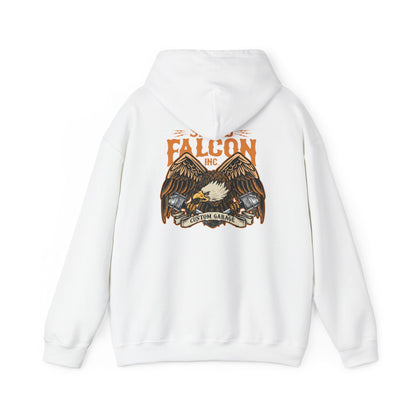 Elegant white hoodie featuring a striking eagle graphic and bold text 'SPEED FALCON INC.' with tattoo-inspired artwork and two engine pistons, perfect for showcasing fierce style and passion for automotive culture.