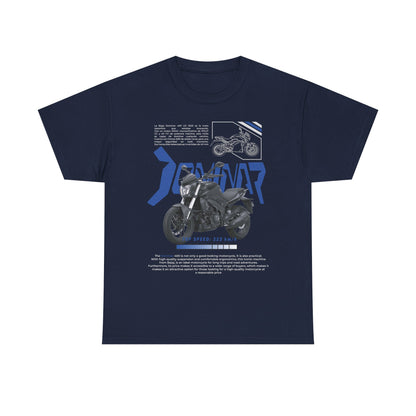 Stylish navy blue Dominar 400 men's t-shirt featuring a sleek motorcycle graphic and premium text, exuding luxury and adventure for motorcycle lovers.