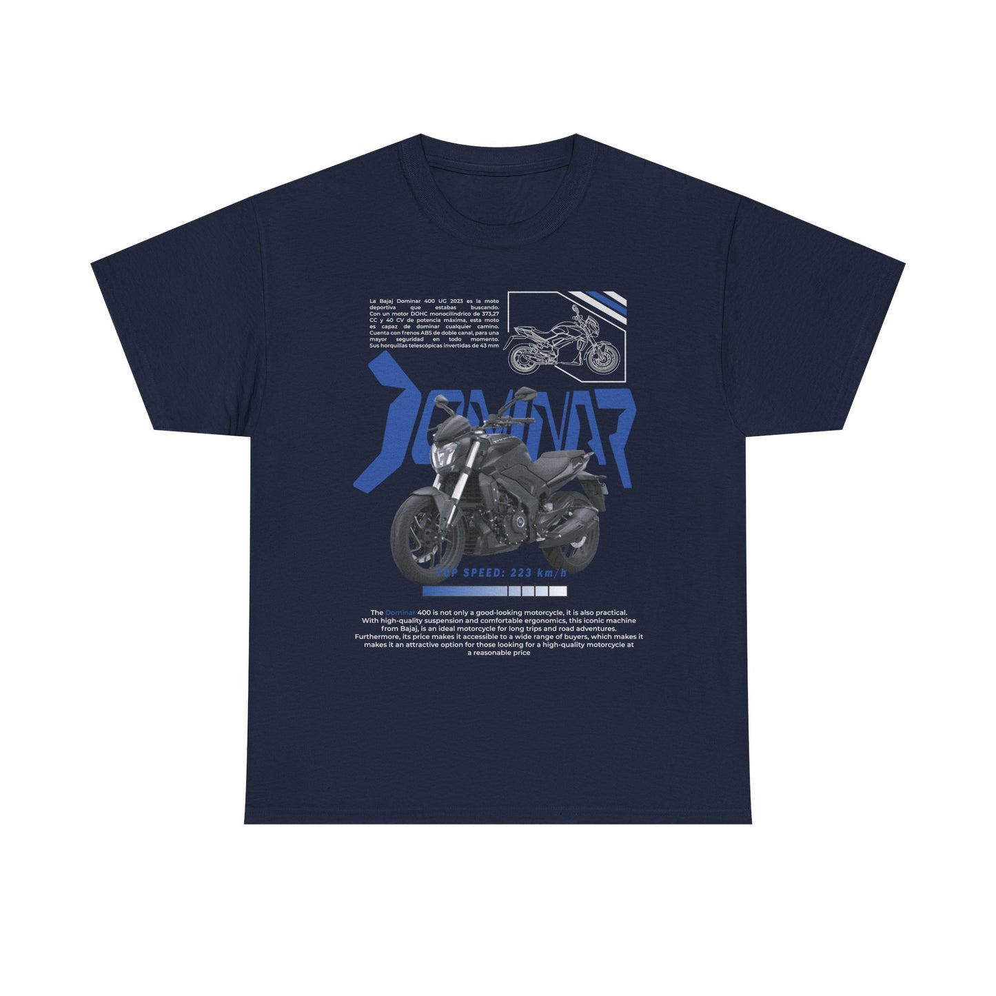 Dominar 400 men’s T-shirt in navy blue highlighting a sophisticated motorcycle print and performance details, crafted for the luxury motorcycle lover.