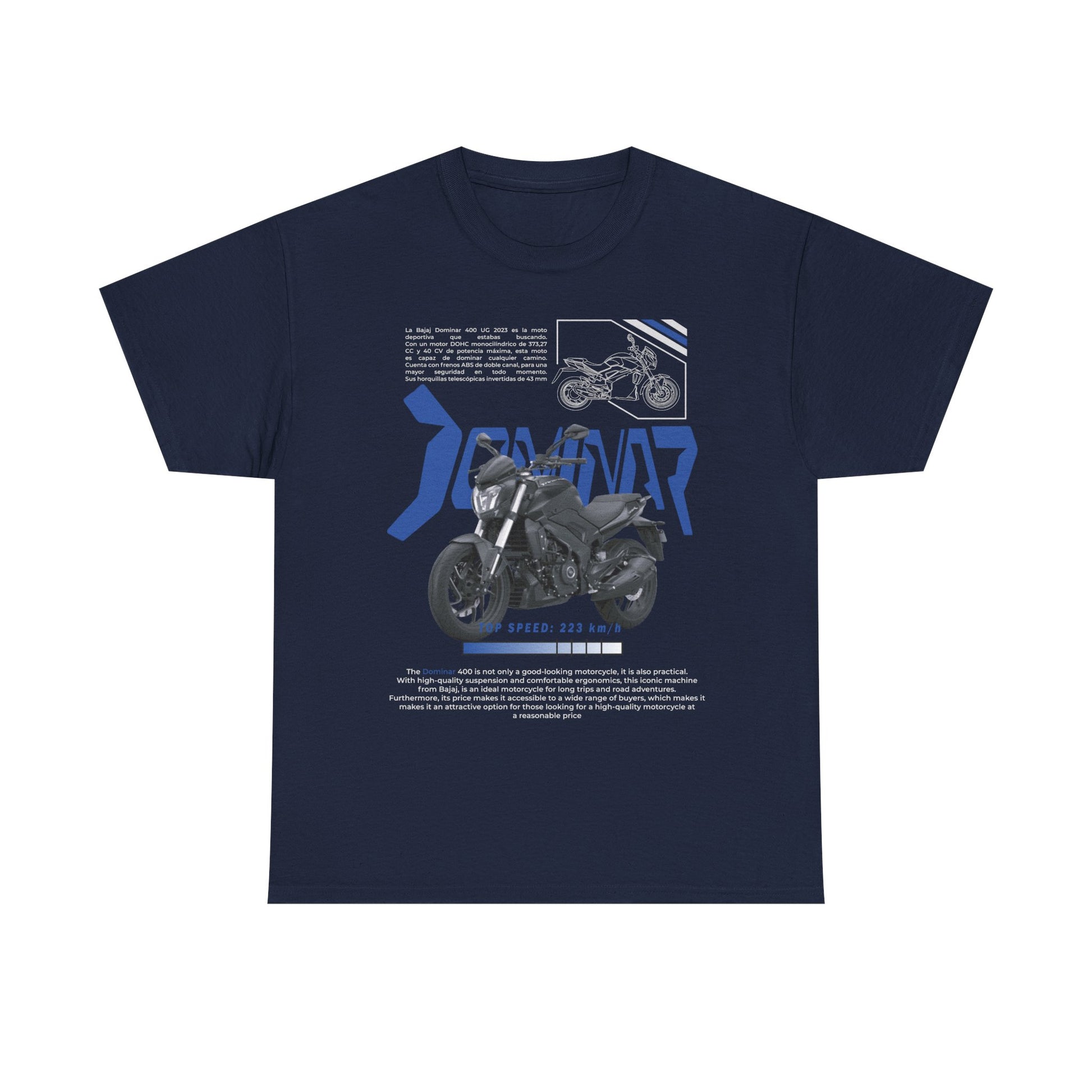 Dominar 400 men’s T-shirt in navy blue highlighting a sophisticated motorcycle print and performance details, crafted for the luxury motorcycle lover.