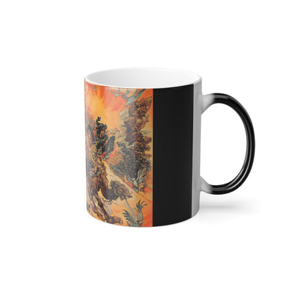 Artistic side profile of the Discworld Pyramids Color Morphing Mug, revealing the enchanting illustrations and colours that define the luxurious drinking experience.