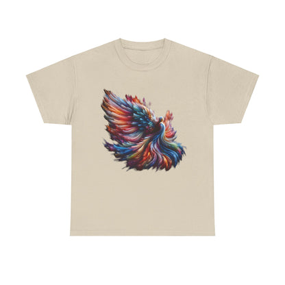 Majestic Angel Graphic Unisex T-Shirt in beige showcasing a stunning abstract phoenix art design in bright colours, made with high-quality cotton for comfort and style.