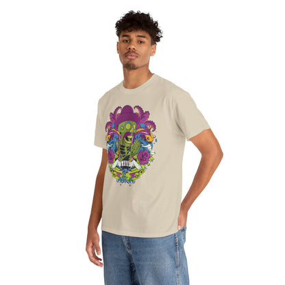 Modern fashion model wearing a Vibrant Skeleton T-Shirt, featuring a striking graphic with floral and aquatic elements, ideal for trendy casual wear.