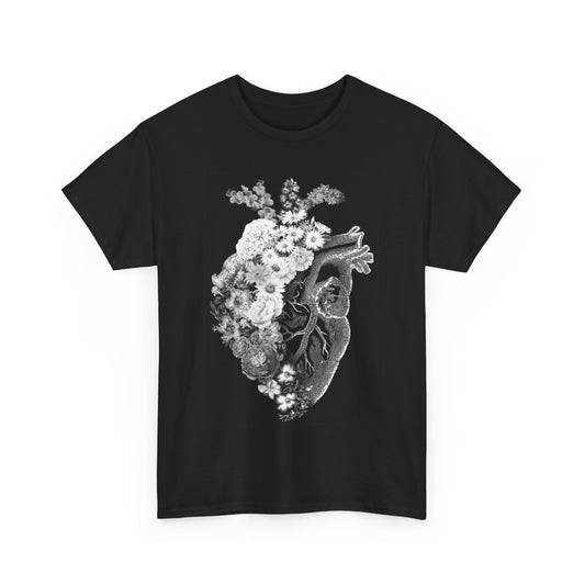 Elegant black graphic tee showcasing a beautifully detailed floral heart illustration, combining sheer artistry with urban style for a refined look.