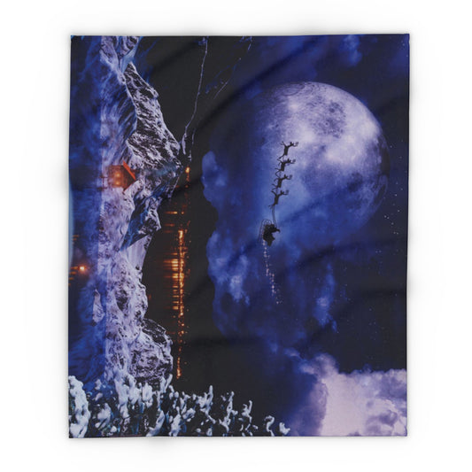 Artistic view of the Decorative and Warm Christmas Arctic Fleece Blanket showcasing Santa's sleigh soaring through a magical night sky, perfect for adding a festive touch to your home.