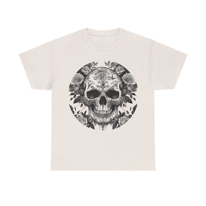 Skulls and Roses Cotton Tee in cream, displaying a beautifully illustrated skull surrounded by delicate roses, perfect for elevating your wardrobe with a luxurious touch.