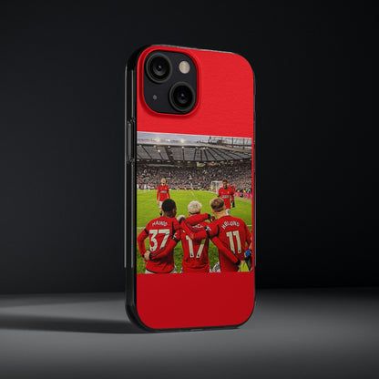 Manchester United Mainoo Garnach Hojlund Soft Phone Case featuring iconic players in action, perfect for soccer fans seeking elegance.