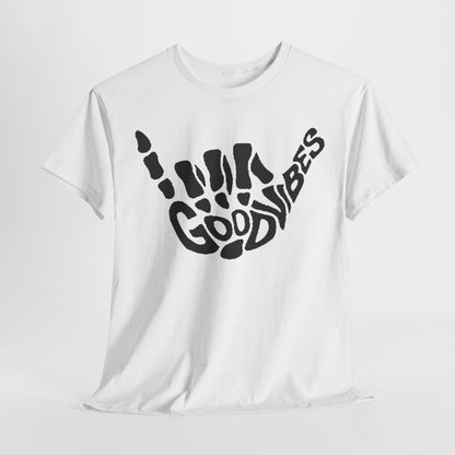 Stylish white men's t-shirt featuring a bold black graphic of a skeletal hand gesture with the words 'GOOD VIBES' integrated into the design, showcasing a unique and contemporary aesthetic.