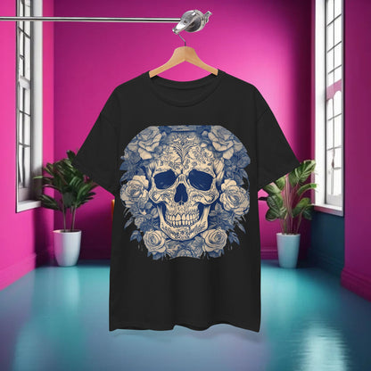 Skulls and Roses Cotton Tee displayed elegantly in a stylish interior, highlighting the striking skull and rose design.
