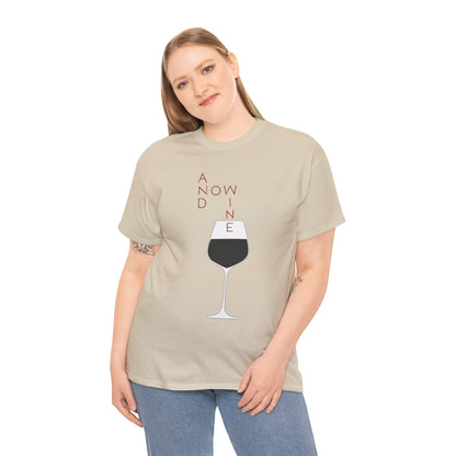 A fashionable model displaying the Funny Wine Lover Women's T-Shirt featuring the 'And Now Wine' graphic design, complete with a minimalist wine glass, ideal for casual outings.