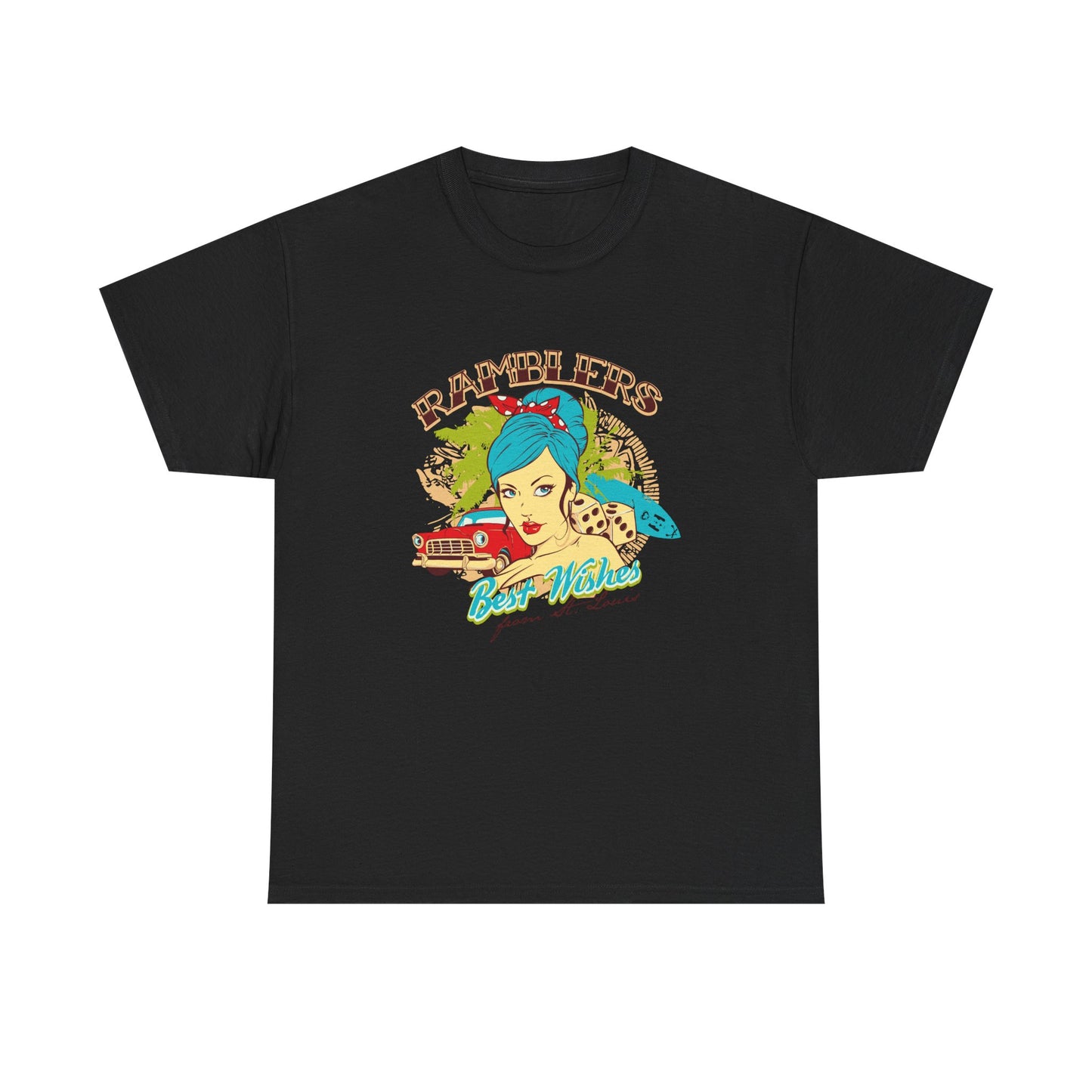 Elegant Retro Pin-Up Graphic T-Shirt in black, showcasing a striking teal-haired woman and a classic car, perfect for adding a touch of old-school glamour.