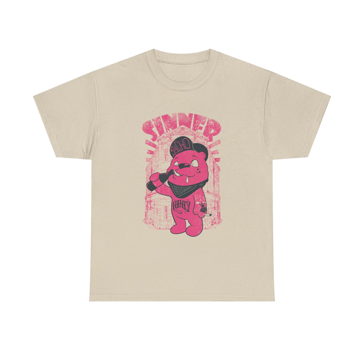 Elegant Gangsta Bear Men's T-Shirt in beige displaying a bold pink graphic of a hip-hop bear holding a drink, adorned with the word 'SINNER' and edgy tattoos for a luxe streetwear vibe.