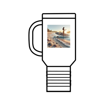 Fantasy Paddleboarding 40oz Insulated Travel Mug adorned with a captivating image of a paddleboarder, perfect for outdoor enthusiasts who crave elegance in their hydration solutions.