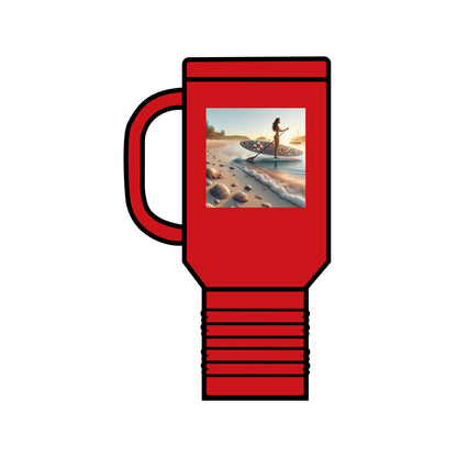 Fantasy Paddleboarding 40oz Insulated Travel Mug in a vibrant red colour, showcasing a paddleboarder illustration, ideal for stylish adventures.