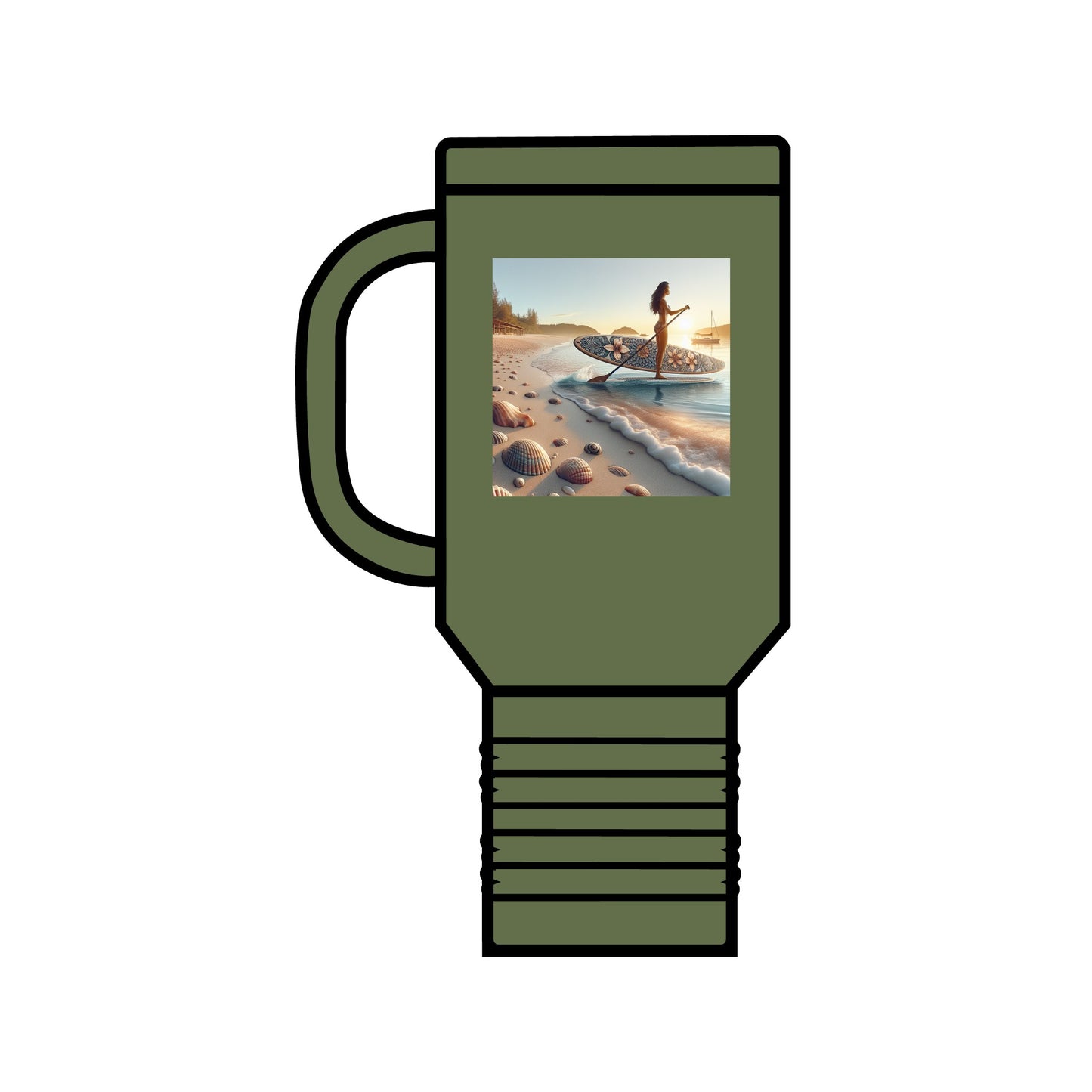 Stylish Fantasy Paddleboarding 40oz Insulated Travel Mug showcasing a serene paddleboarder by the ocean, perfect for lovers of adventure and fine craftsmanship.