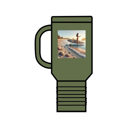 Stylish Fantasy Paddleboarding 40oz Insulated Travel Mug showcasing a serene paddleboarder by the ocean, perfect for lovers of adventure and fine craftsmanship.