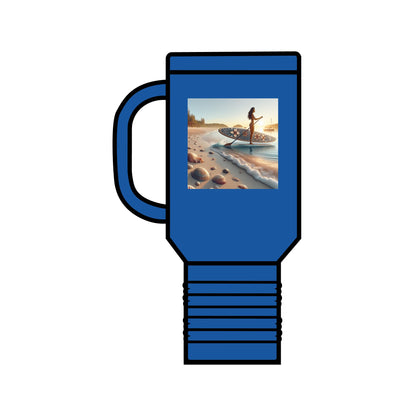 Fantasy Paddleboarding 40oz Insulated Travel Mug in an elegant blue hue, displaying a scenic design of paddleboarding, perfect for outdoor enthusiasts.