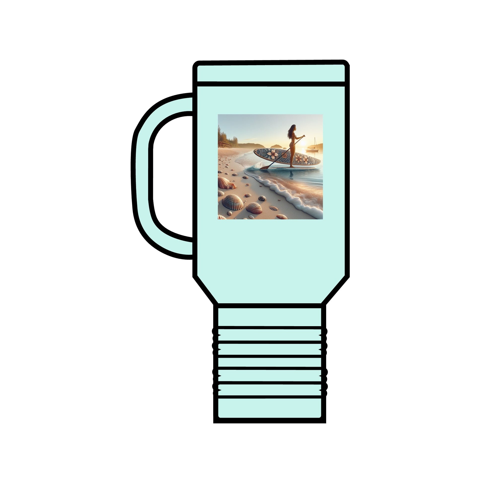 Fantasy Paddleboarding 40oz Insulated Travel Mug in a soothing green shade, featuring an enchanting paddleboarder scene, an embodiment of luxury and adventure.