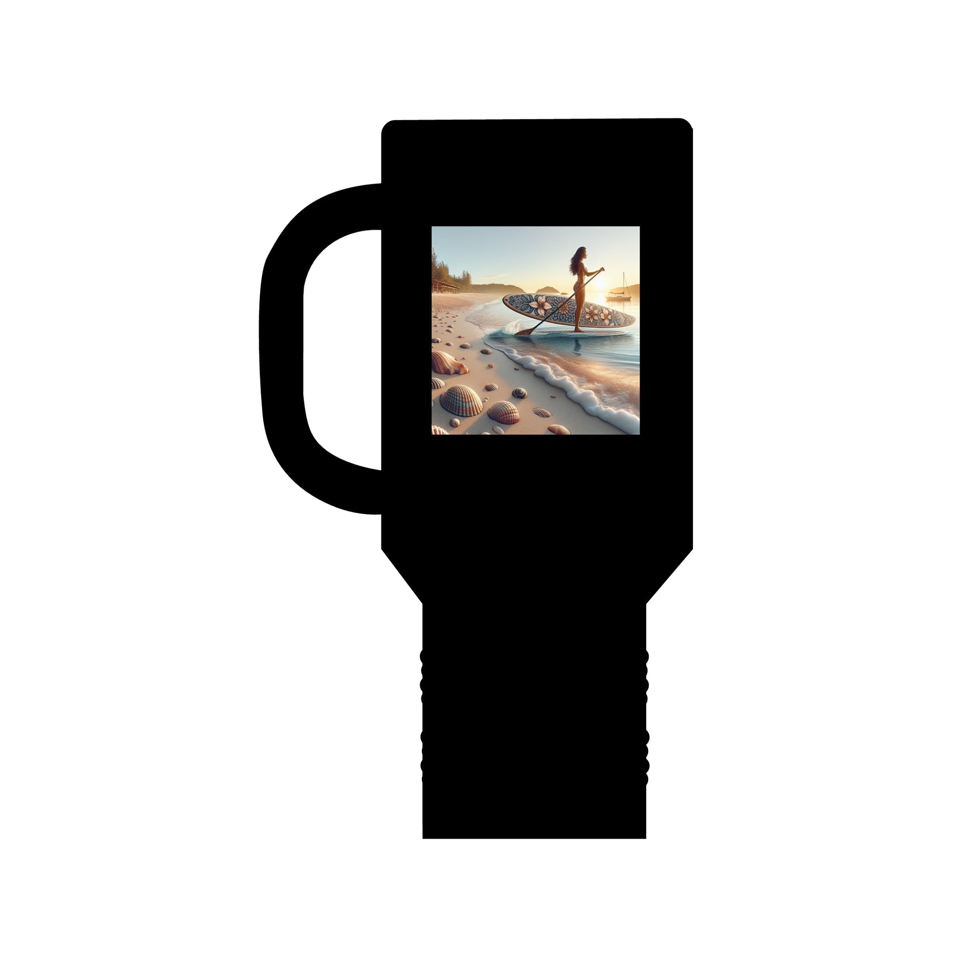 Fantasy Paddleboarding 40oz Insulated Travel Mug featuring a whimsical design of a paddleboarder against a serene beach backdrop, perfect for luxury outdoor hydration.