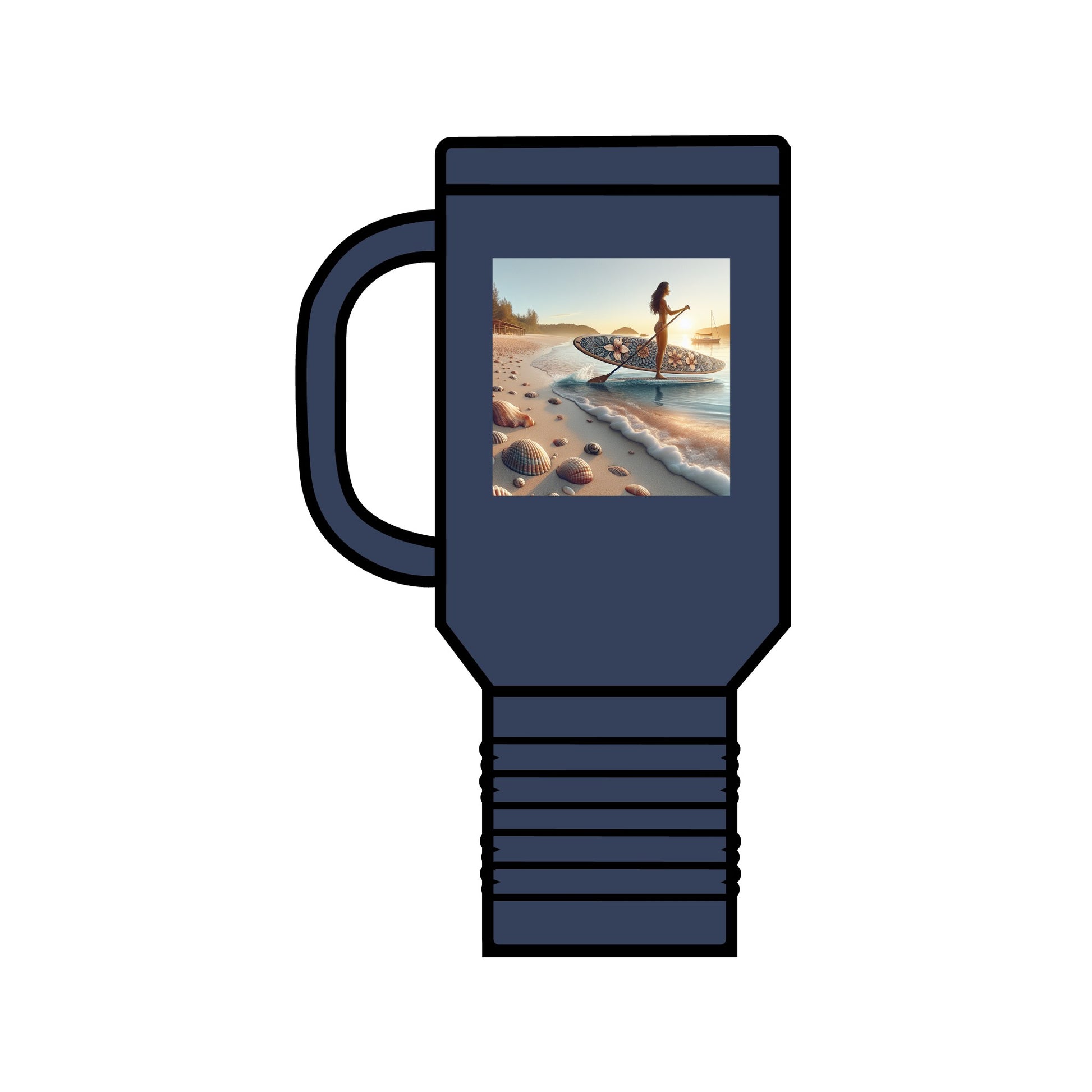 Chic Fantasy Paddleboarding 40oz Insulated Travel Mug with an artistic depiction of paddleboarding on a beach, embodying luxury and practicality for every journey.