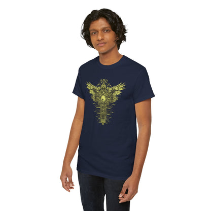 Elegant male model wearing a dark olive-brown luxury t-shirt, highlighted by a stunning golden cross and wing graphic, perfect for casual or upscale occasions.