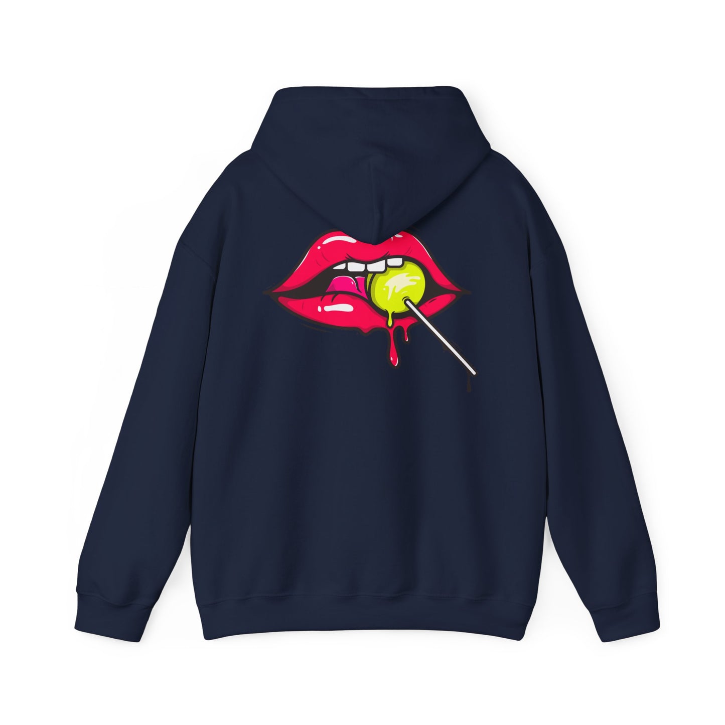 Elegant navy hoodie featuring a striking retro candy graphic with glossy pink lips and a citrus lollipop, designed to turn heads with its playful sophistication.
