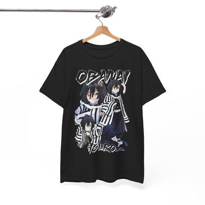 Stylish black T-shirt elegantly hanging, showcasing a detailed print of Obanai Iguro from Demon Slayer, perfect for fashion-forward anime fans.