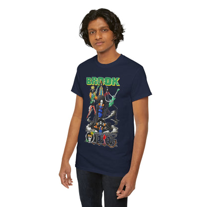 Sophisticated male model showcasing a navy t-shirt with an artistic anime graphic. The 'BROOK' lettering and character illustrations deliver a stylish statement for discerning fans.