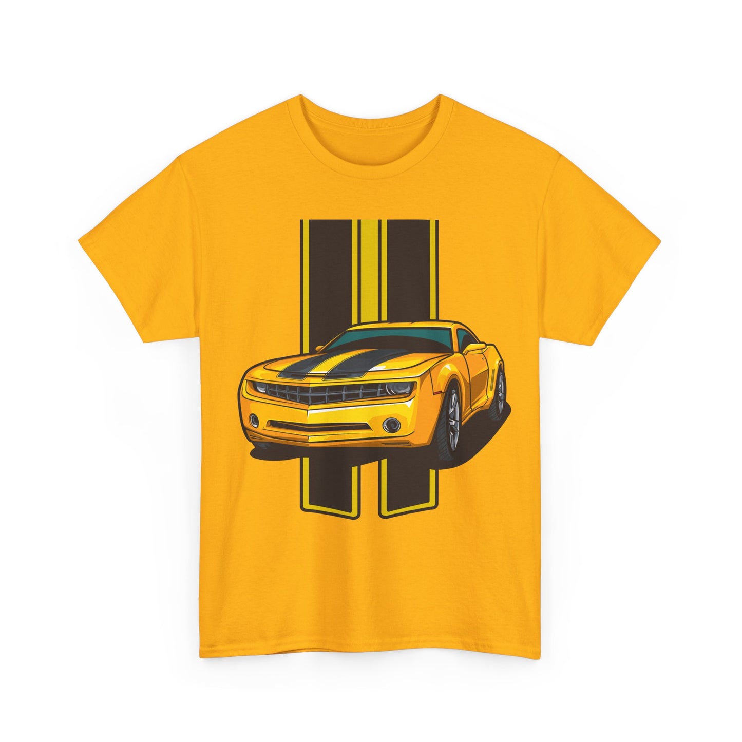 Sophisticated yellow luxury men’s T-shirt adorned with a dynamic Camaro design, showcasing a blend of style and automotive passion.