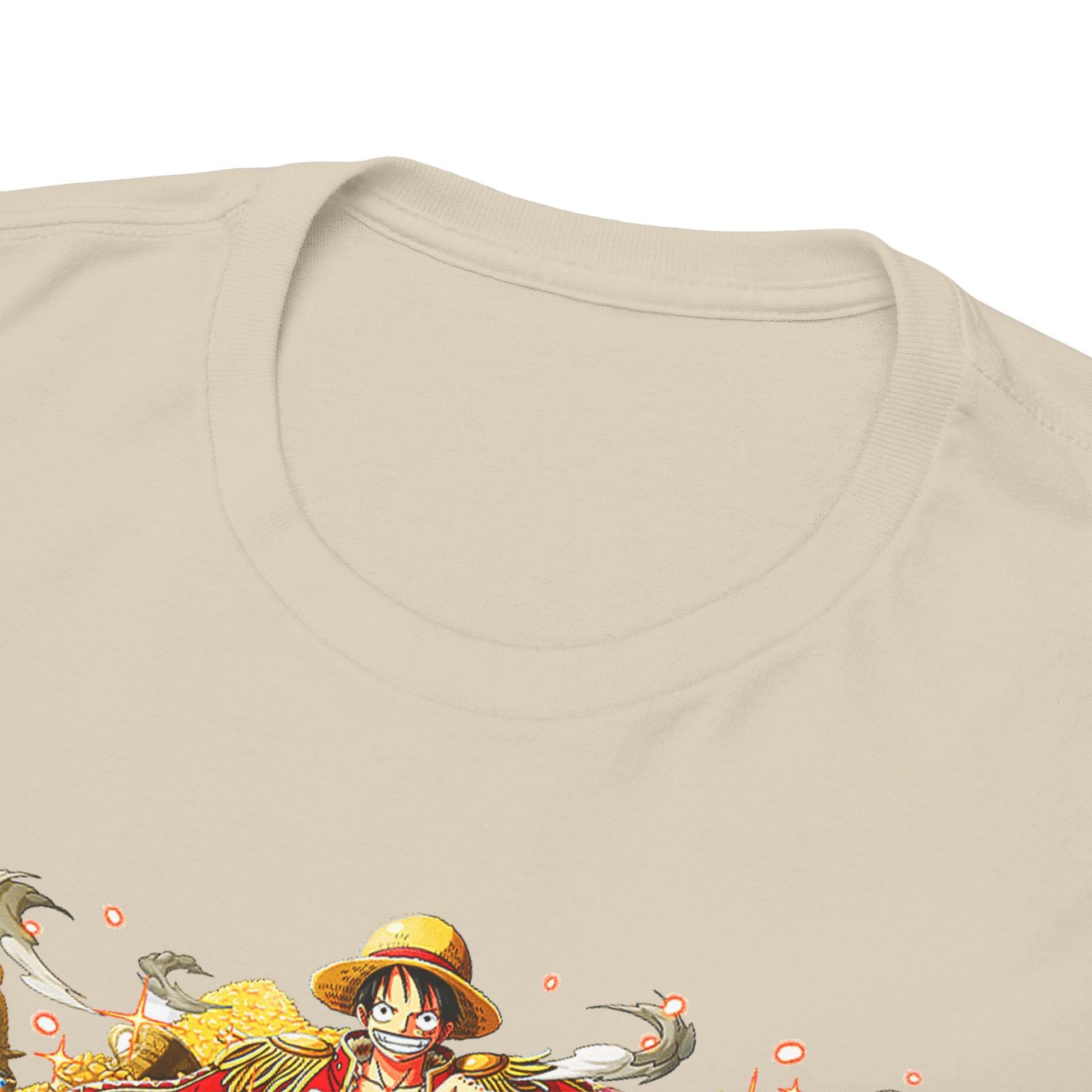 Close-up of a luxurious beige t-shirt collar, highlighting intricate anime artwork of treasure and characters, designed for those who appreciate exquisite fashion and anime culture.