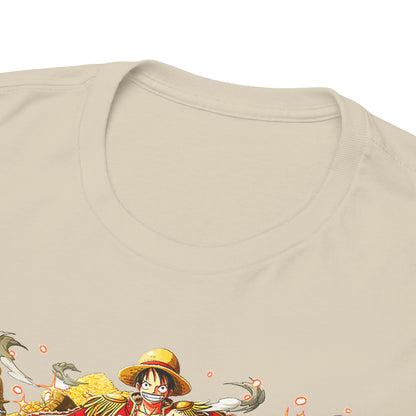 Close-up of a luxurious beige t-shirt collar, highlighting intricate anime artwork of treasure and characters, designed for those who appreciate exquisite fashion and anime culture.