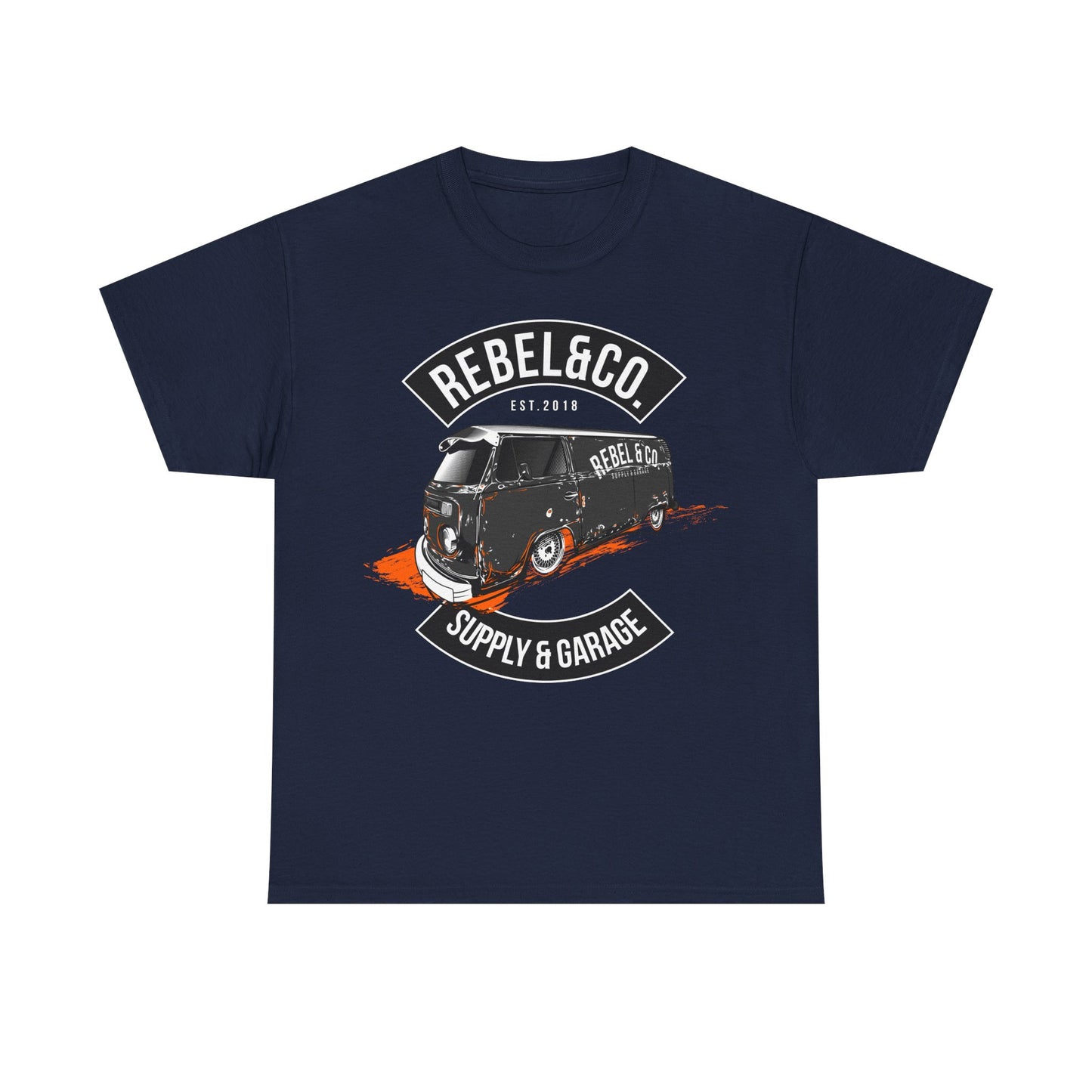 Rebel & Co. premium men's t-shirt in navy blue adorned with an exquisite vintage camper van graphic, highlighted by vibrant orange accents and stylish typography.