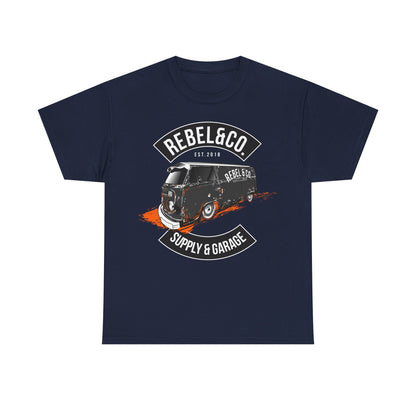 Rebel & Co. premium men's t-shirt in navy blue adorned with an exquisite vintage camper van graphic, highlighted by vibrant orange accents and stylish typography.