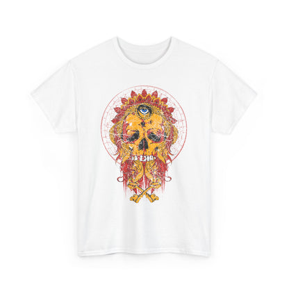Front view of the Infernal Monarch Skull Tee in white, displaying a striking skull design embellished with intricate floral accents and vibrant colours.