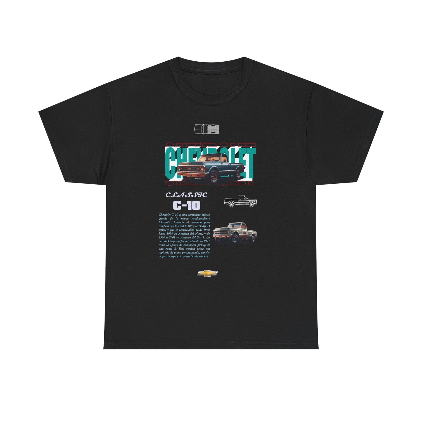 Classic Chevrolet C-10 men's t-shirt in black showcasing a vintage graphic design with intricate details of the beloved pickup truck, perfect for automotive enthusiasts.