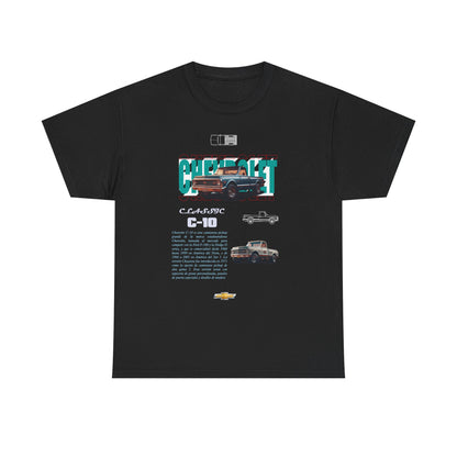 Classic Chevrolet C-10 men's t-shirt in black showcasing a vintage graphic design with intricate details of the beloved pickup truck, perfect for automotive enthusiasts.