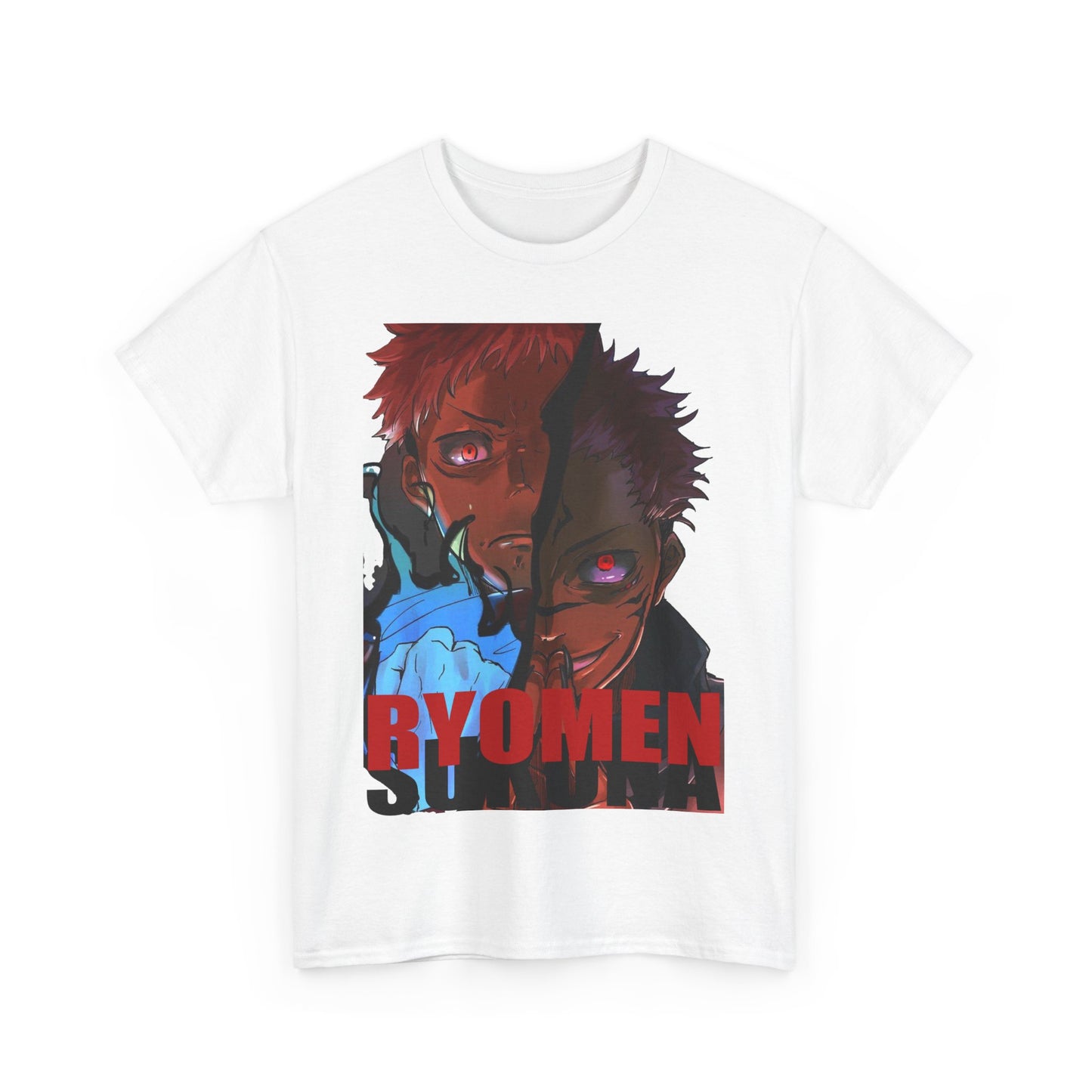 Luxurious Ryomen Sukuna Anime T-Shirt showcased elegantly highlighting bold character illustrations, perfect for enhancing your wardrobe with anime-inspired flair.