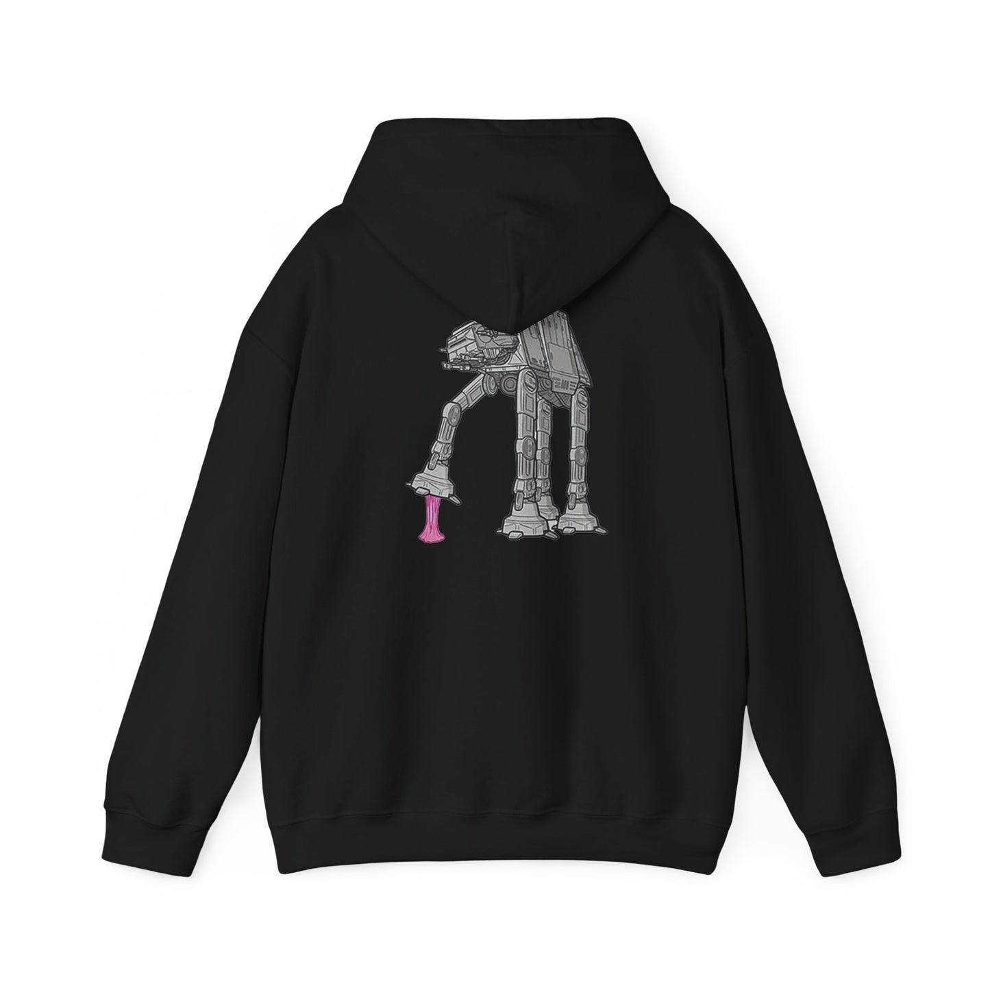 Elegant black hoodie with a distinctive graphic of the AT-AT, elegantly designed to showcase a playful pink gum feature.