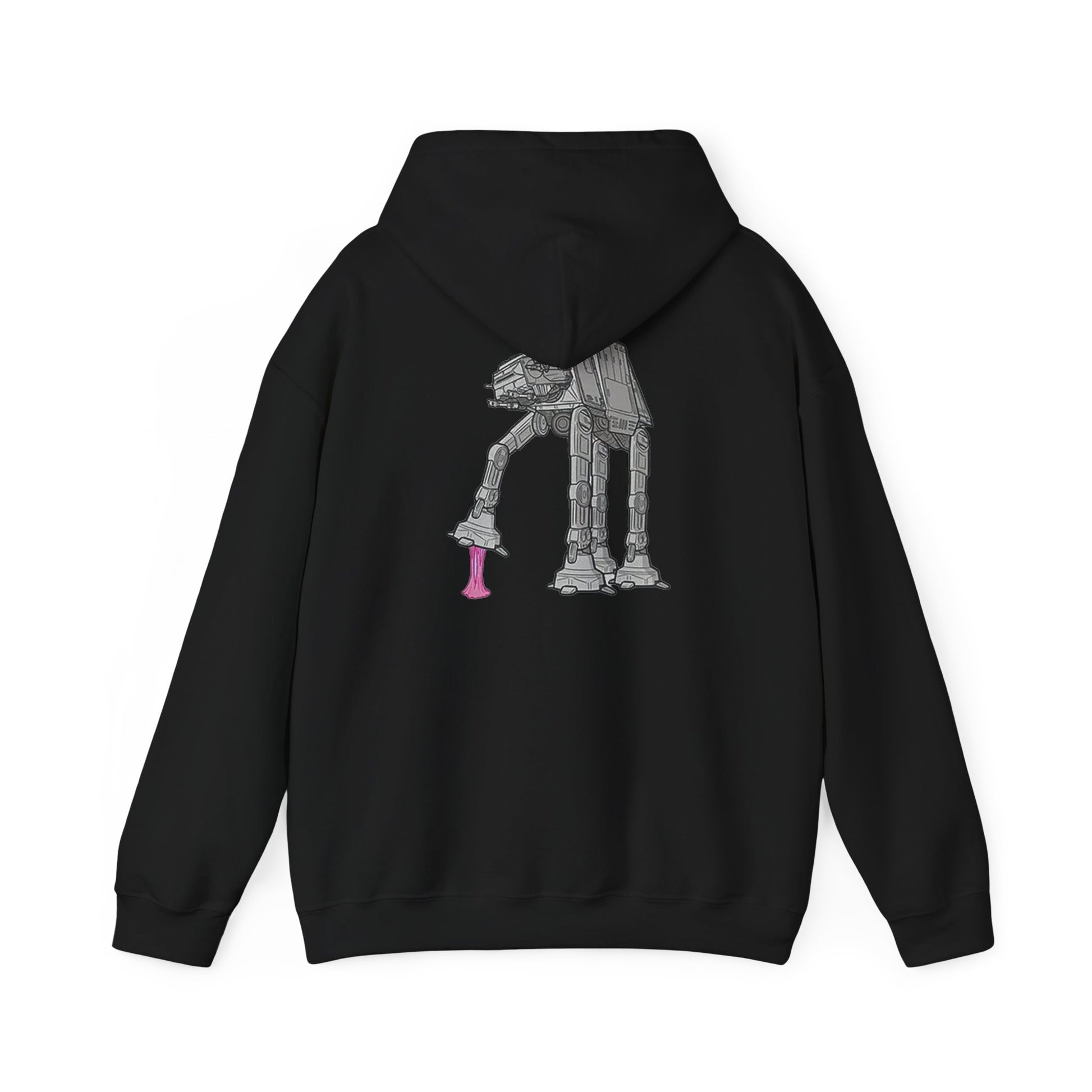 Elegant black hoodie with a distinctive graphic of the AT-AT, elegantly designed to showcase a playful pink gum feature.