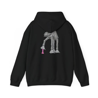 Elegant black hoodie with a distinctive graphic of the AT-AT, elegantly designed to showcase a playful pink gum feature.