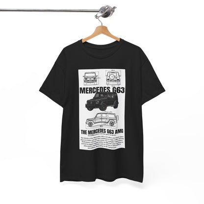 Unisex Men's T-Shirt Featuring Technical Drawing of Mercedes-AMG G63 Design, displaying a sophisticated black tee with a side view of the G63 model and its technical specifications.