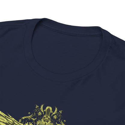 Close-up view of the neck area of a luxury men's t-shirt featuring a decorative cross and stylized wings design, displayed in dark olive-brown fabric.