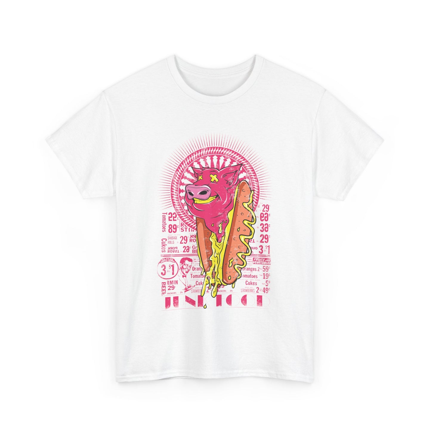 Sophisticated white men's t-shirt adorned with a colourful retro pig and hot dog graphic, capturing the essence of culinary joy and vintage charm.