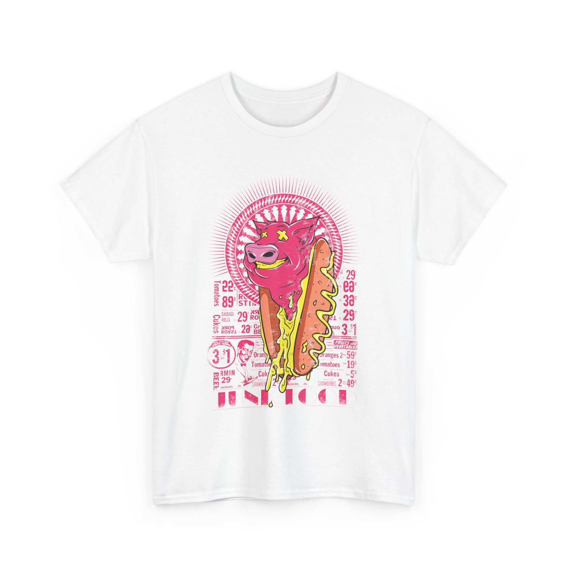Sophisticated white men's t-shirt adorned with a colourful retro pig and hot dog graphic, capturing the essence of culinary joy and vintage charm.