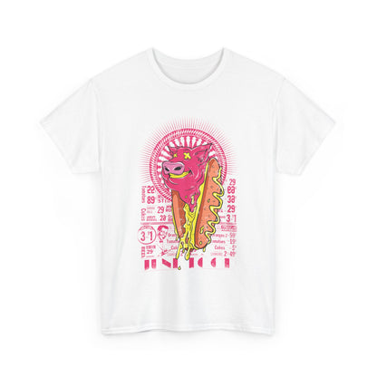 Sophisticated white men's t-shirt adorned with a colourful retro pig and hot dog graphic, capturing the essence of culinary joy and vintage charm.