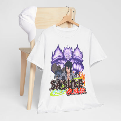 Elegant Sasuke graphic tee displayed on a wooden chair with a cap, showcasing a bold illustration of the character, ideal for casual sophistication and anime passion.