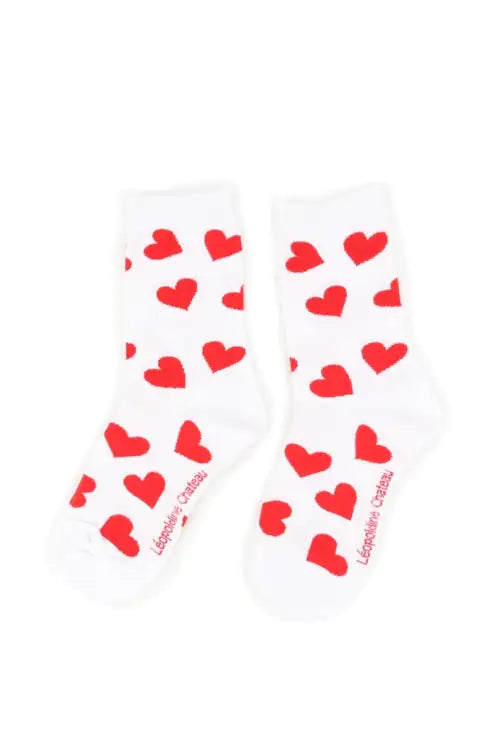 Womens Cute Romantic White Socks with Red Hearts