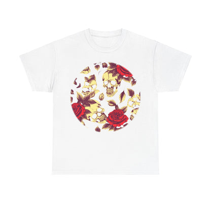 Skulls and Roses Cotton Tee in pristine white, featuring a captivating skull and rose graphic, ideal for alternative fashion lovers.